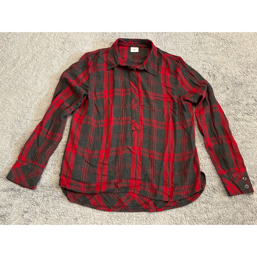 CAbi Cunningham Shirt Womens Medium #3587 Gray Red Plaid Long Sleeve Lightweight